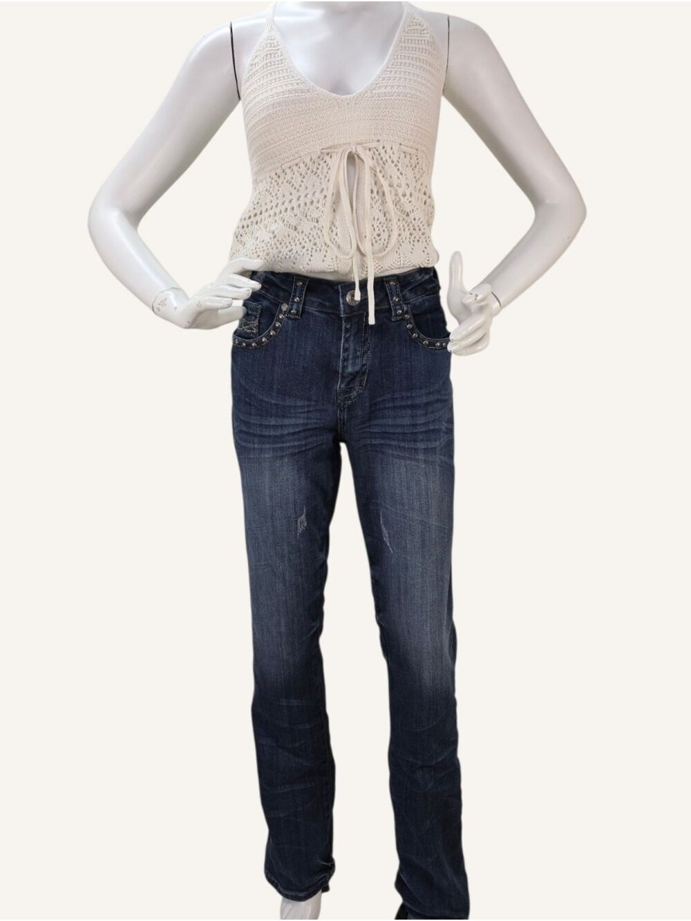 Cowgirl Tuff Co. Silver Mustang Dark Wash Studded Distressed Bootcut Jeans 30x35